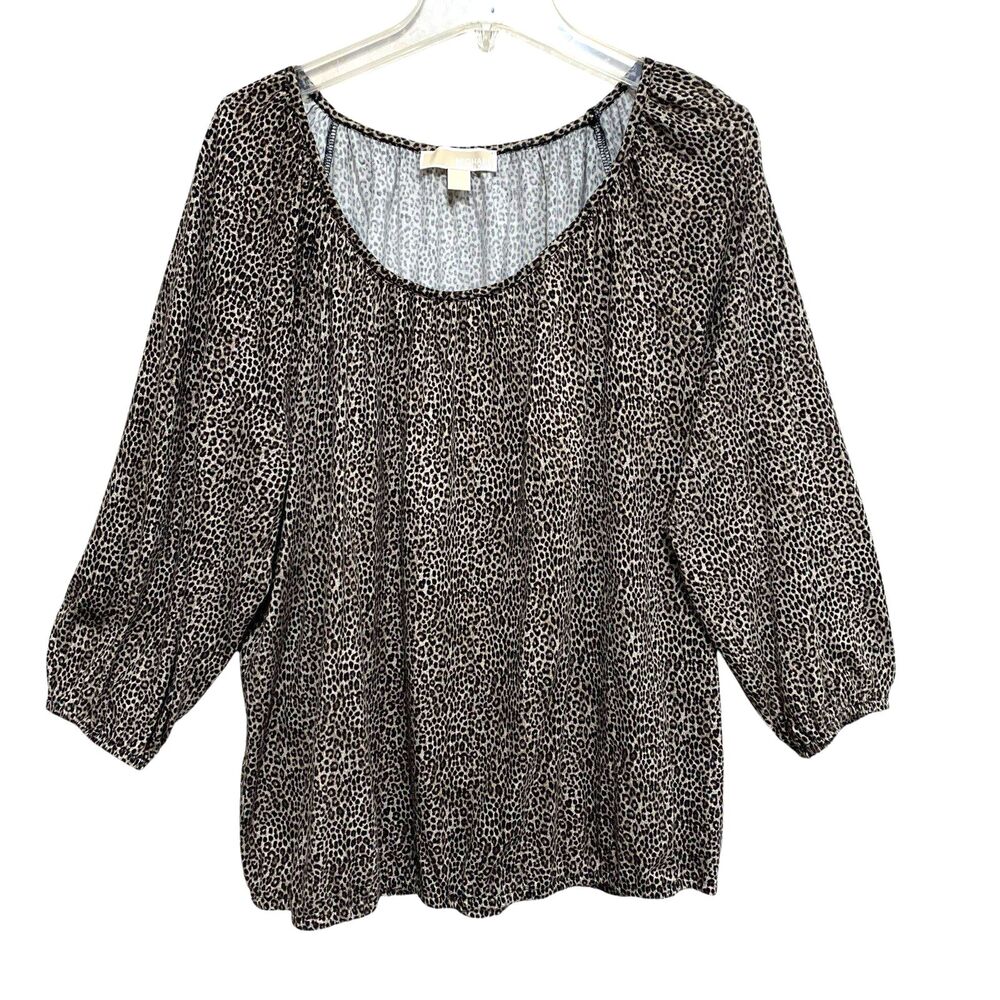 Michael Kors Blouse Womens Sz XL Black Tan Cheetah 3/4 Sleeve Elastic Waist
